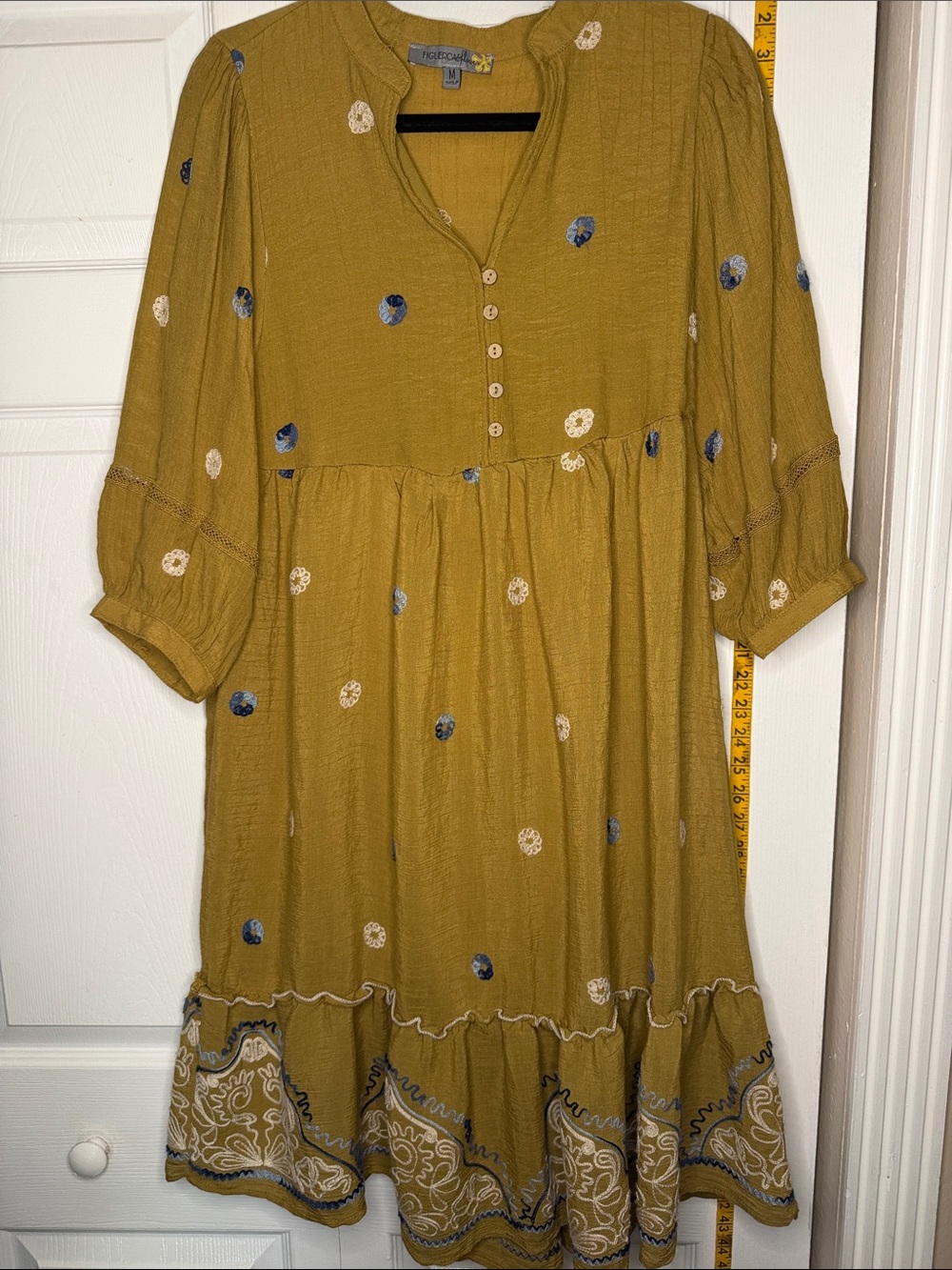 Boho Mustard Tiered Button-Front Midi Dress